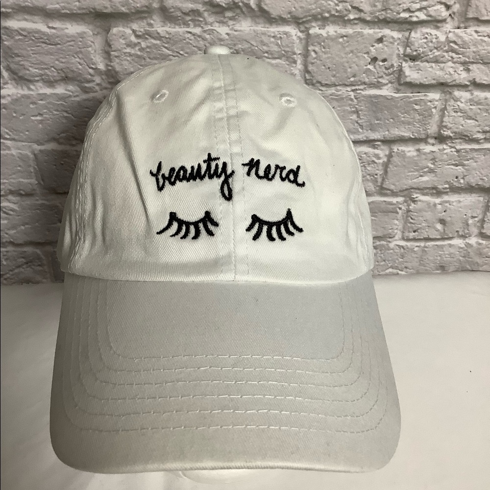 Women’s White 5 panel cotton “Beauty Nerd”baseball Cap Hat. (0015)